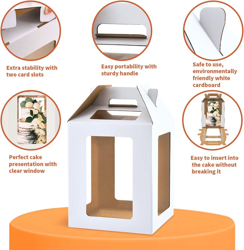 WINHPH صندوق كعكة طويل مع نوافذ، 10x10x12 و 12x12x14 بوصة، صناديق كعكة كبيرة متعددة الطبقات، مجموعة حاملة كعكة لحفظ كعكات 10 و 12 بوصة، بيضاء، عبوة 2 - Image 3